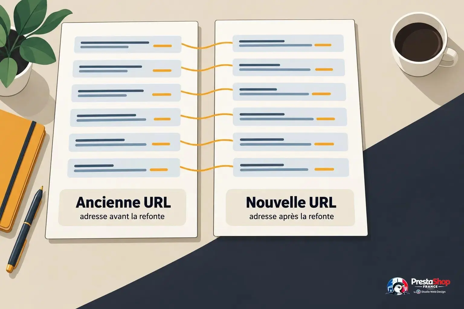 Schéma illustrant une ancienne URL et une nouvelle URL reliées par des flèches, montrant la redirection d’une adresse avant et