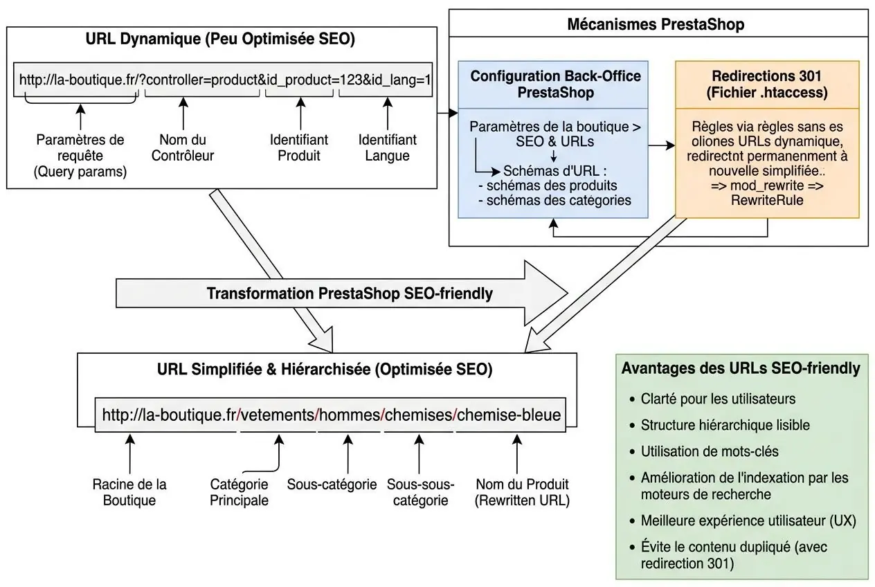 Schéma montrant l’optimisation SEO PrestaShop : URL dynamique → URL simplifiée et hiérarchisée, transformation SEO-friendly, et bénéfices pour l’optimisation des fiches produit. intégration du mot-clé optimiser seo fiche produit prestashop dans le contexte des URL et méta-règles.