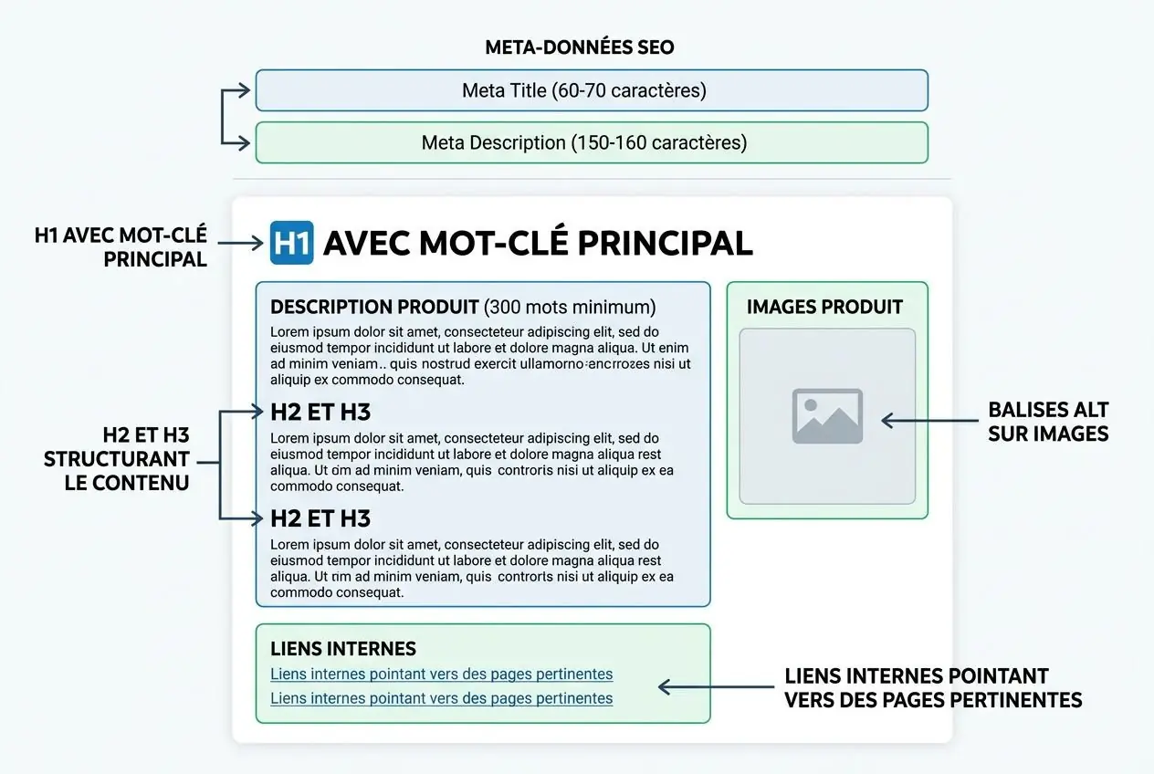 Schéma pédagogique sur l’optimisation SEO pour Prestashop, démontrant meta-données, titres H1 avec mot-clé principal, structure du contenu (H2/H3), liens internes et balises pour images. Integrates the keyword comment optimiser seo prestashop de façon fluide.
