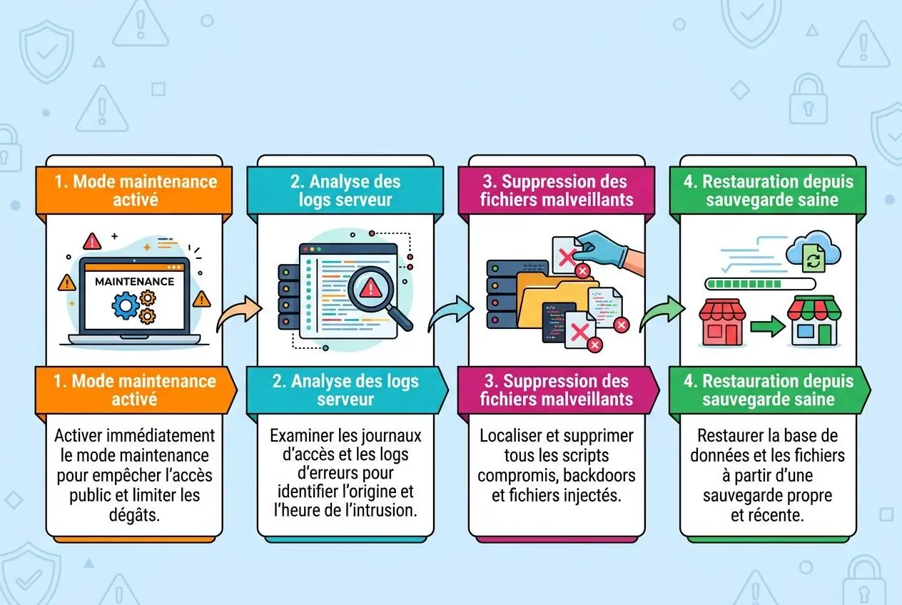 Schéma publié en quatre étapes pour la sécurité d’une boutique PrestaShop, avec mode maintenance, analyse des logs, suppression des fichiers malveillants et restauration après sauvegarde saine, illustrant la protection de la sécurité boutique prestashop protection.