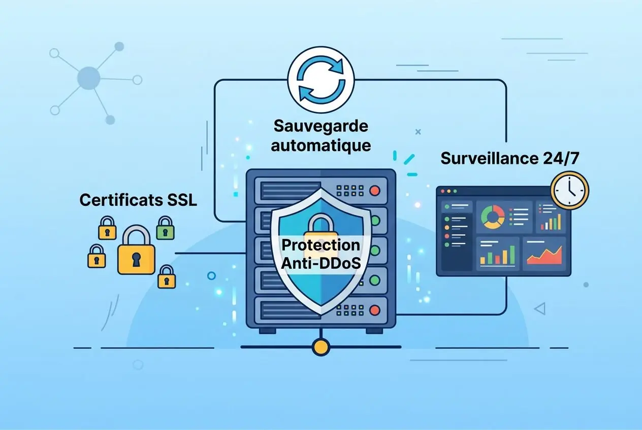 Serveur dédié Kimsufi illustré avec sécurité: sauvegarde automatique, surveillance 24/7 et protection Anti-DDoS, SSL certs inclus.