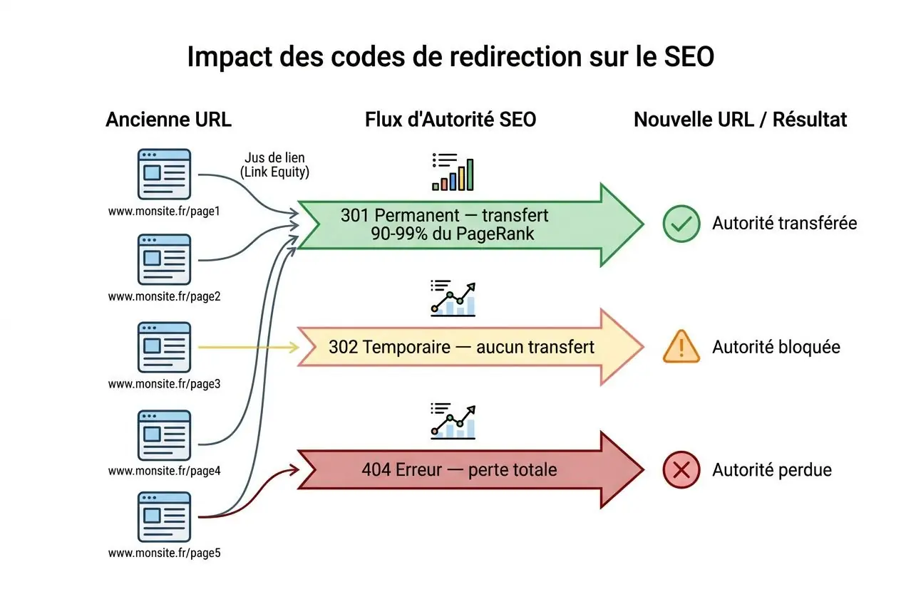 Structure url prestashop référencement : schéma d'impact des redirections sur le SEO et autorité.