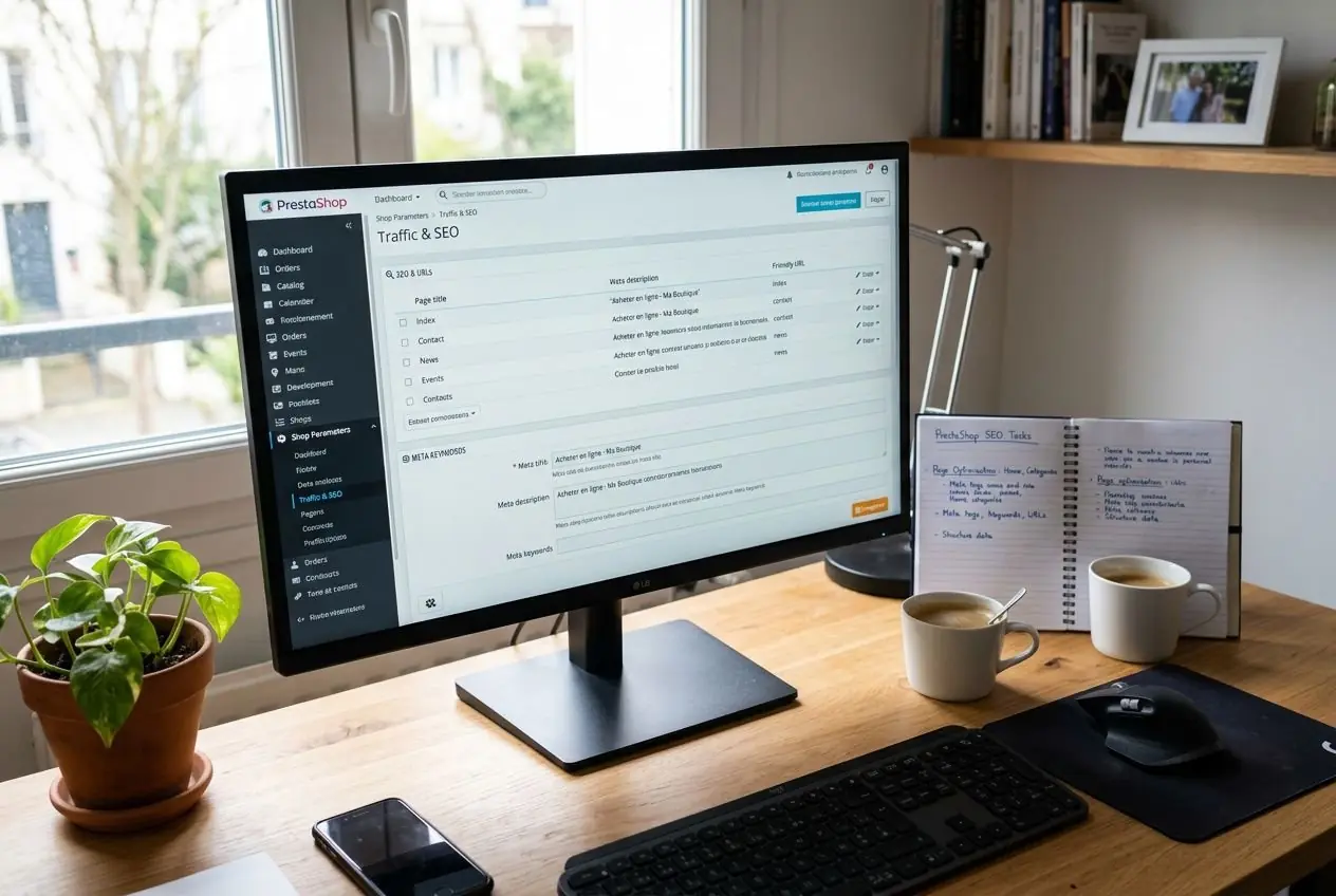 Table de travail avec ordinateur affichant un tableau de bord PrestaShop, clavier, souris et carnet sur le bureau; ambiance bureau moderne.