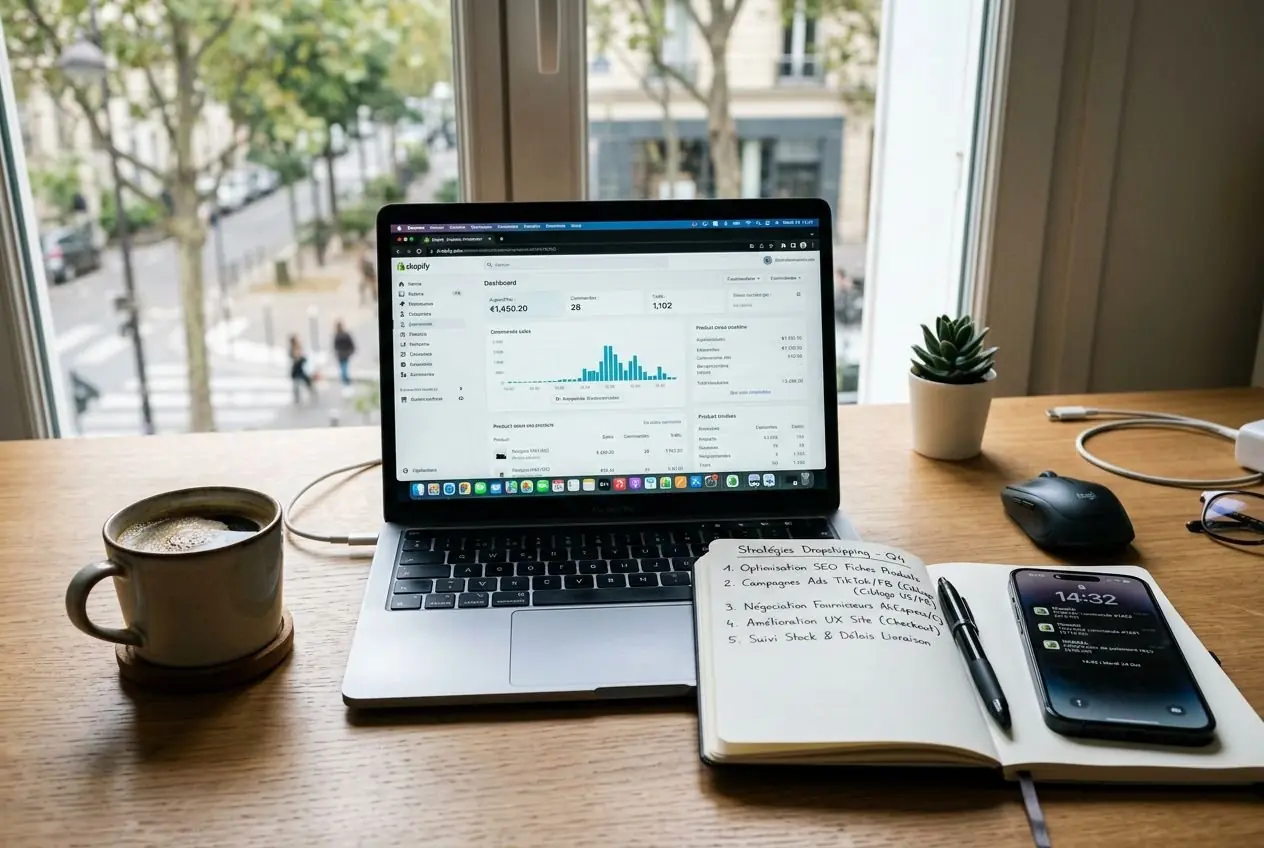 Tableau de bord e-commerce sans stock Notes: Propose une version optimisée incorporant le mot-clé et décrivant le contenu visuel: carnet, ordinateur affichant des données de ventes et ambiance bureau. Proposition améliorée (français naturel, ≤125 caractères): Tableau de bord e-commerce affichant les ventes d'une boutique créée sans stock sur un laptop, avec carnet et tasse.