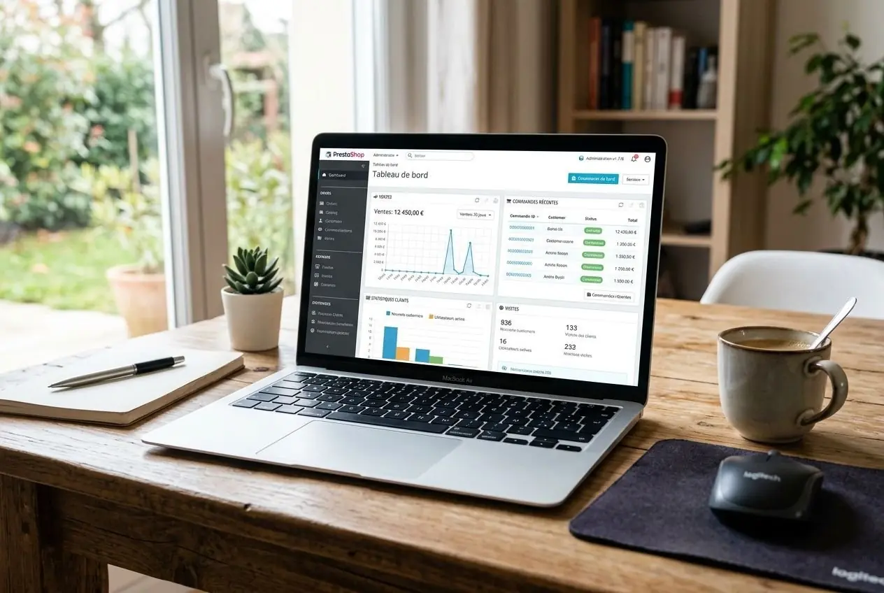 Tableau de bord PrestaShop affiché sur un ordinateur portable, accès rapide aux statistiques et modules.