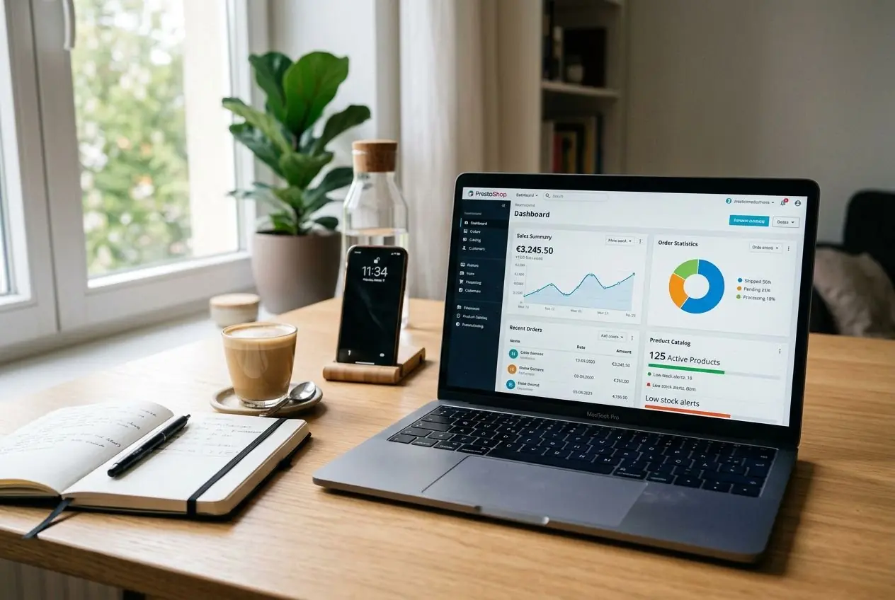 Tableau de bord PrestaShop affiché sur un ordinateur portable posé sur un bureau, avec cahier et café, en intérieur lumineux. – comment fonctionne prestashop