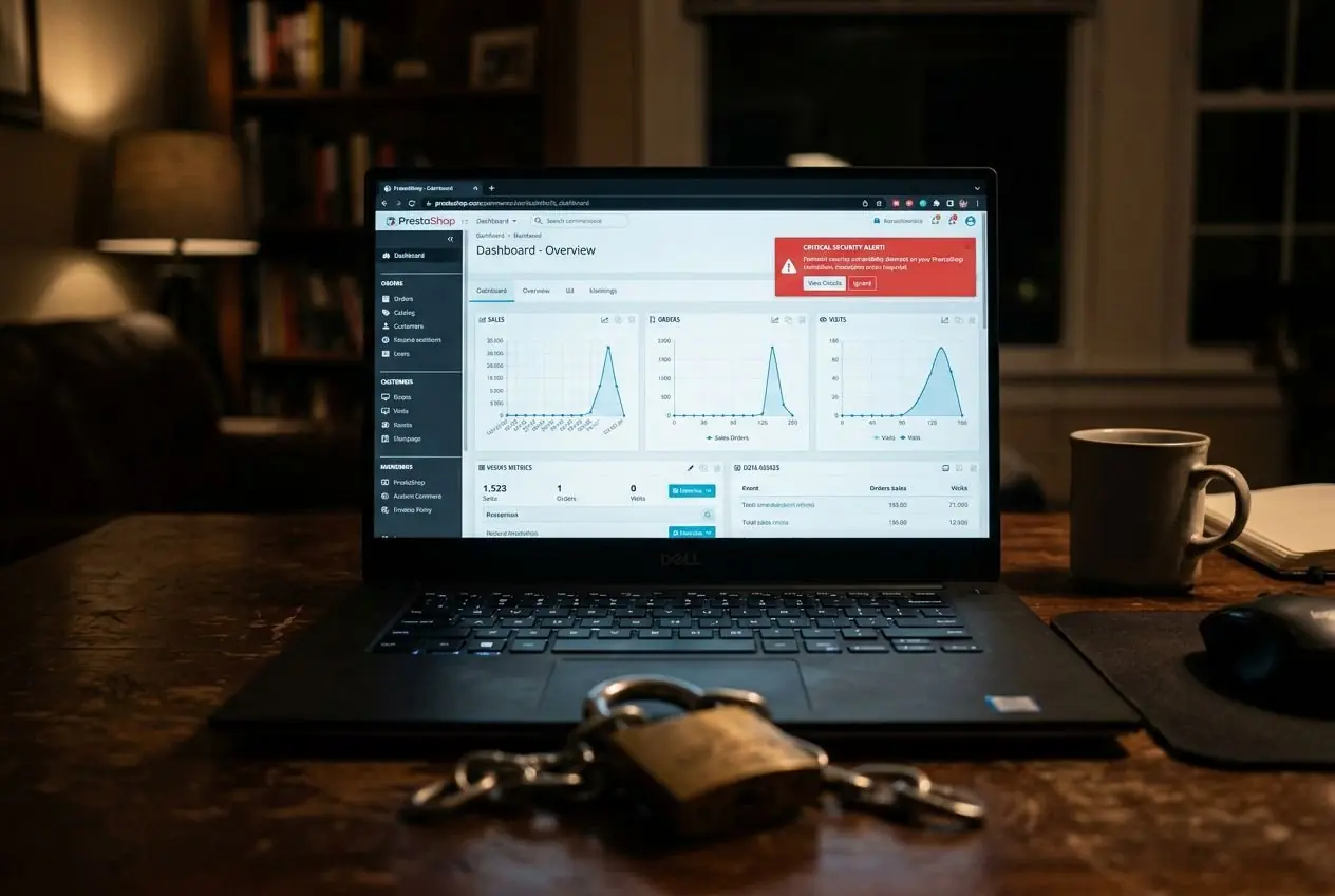 Tableau de bord PrestaShop sur un ordinateur portable, affichant les graphes et alertes de sécurité, avec cadenas posé en premier plan, évoquant la sécurité boutique prestashop protection.