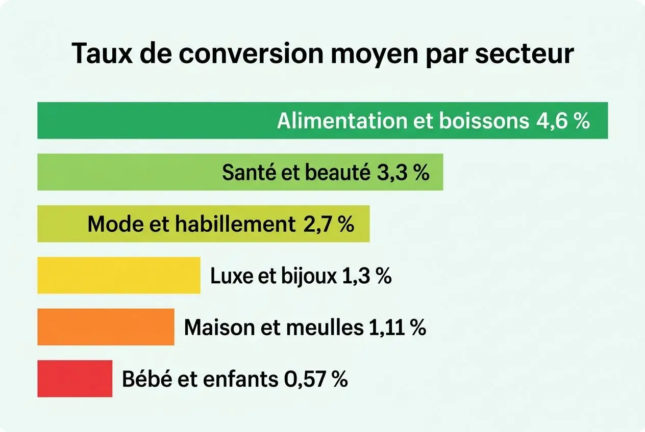 Taux de conversion moyen par secteur: alimentation 4,6 %, santé et beauté 3,3 %, mode et habillement 2,7 %, luxe 1,3 %, maison et meubles 1,11 %, bébé et enfants 0,57 %. Note: intégration du mot-clé taux de conversion ecommerce.