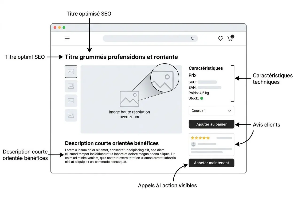 Titre optimisé SEO sur fond de boutique en ligne simulée, avec grande image et bouton “acheter maintenant” visible. Description courte et avantages, fiche produit et avis clients sur le côté, éléments techniques et appels à l’action présents. Intègre comment créer boutique en ligne.