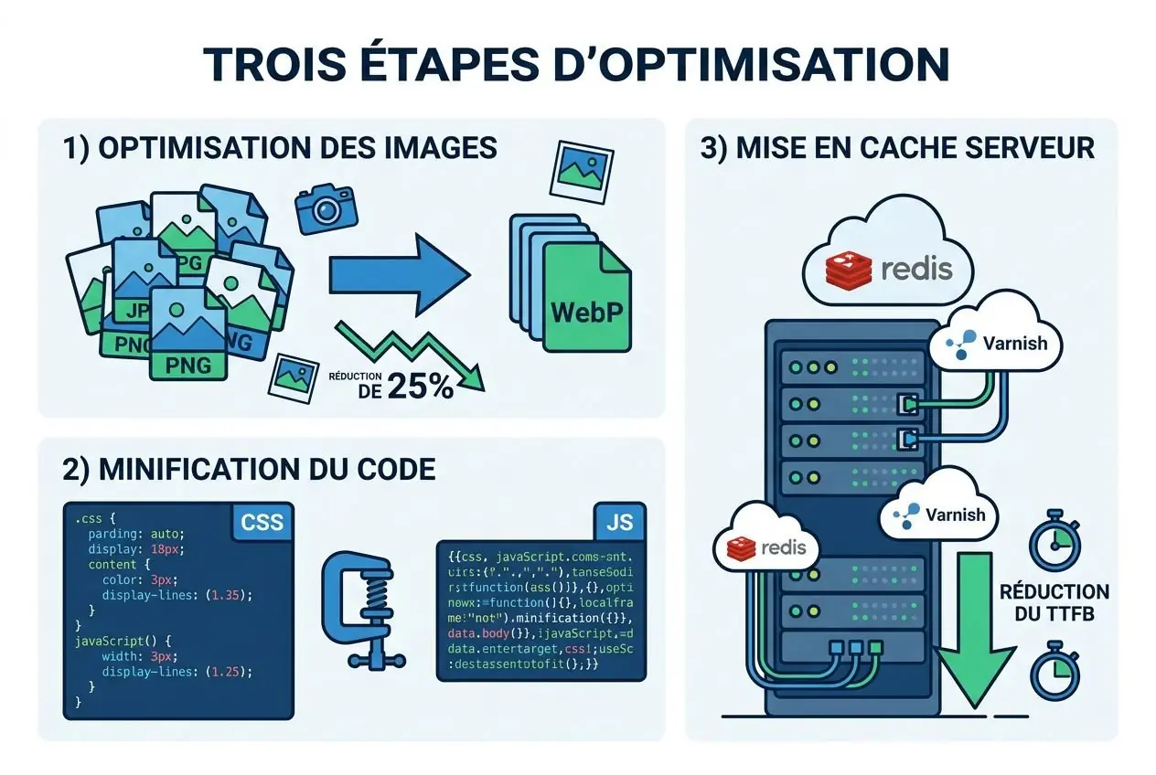 Trois étapes d'optimisation pour une boutique Prestashop lente: optimisation des images, minification du code et mise en cache serveur.