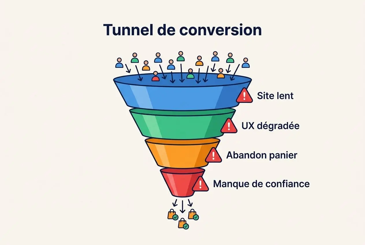 Tunnel de conversion illustrant les étapes du parcours client jusqu’à la finalisation, avec signaux d’alerte sur Site lent, UX dégradée, Abandon panier et Manque de confiance, et flux final de conversions. Inclut le mot-clé taux de conversion e-commerce.