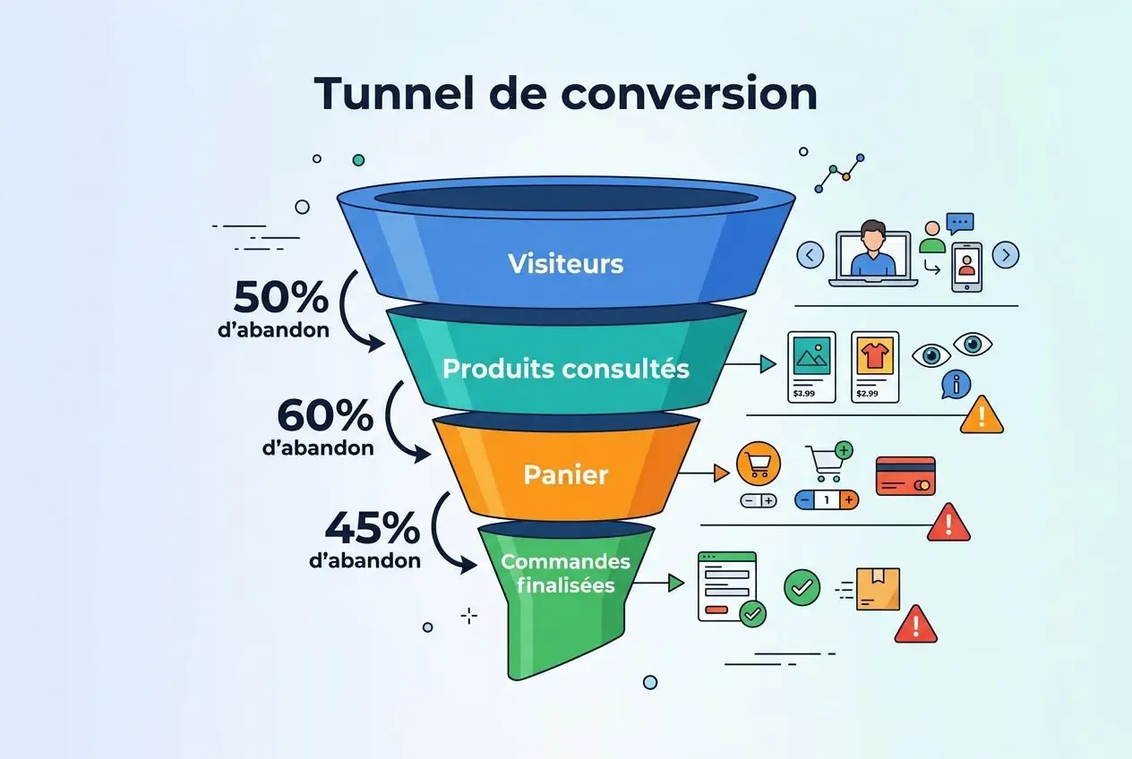 Tunnel de conversion illustrant les étapes visiteurs → produits consultés → panier → commandes finalisées pour optimiser son e-commerce.