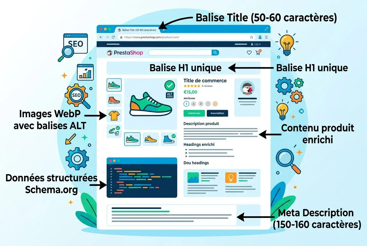 Visuel SEO PrestaShop montrant balises et éléments: titre, H1, images ALT, méta description, données structurées et contenu produit enrichi, avec focus sur pourquoi mon site prestashop n'apparaît pas.