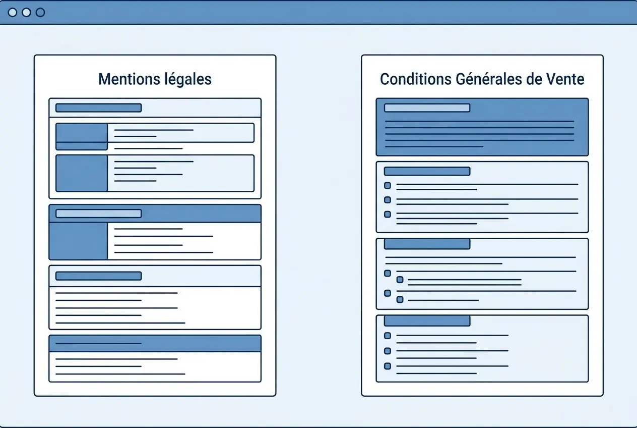 Visuels schématiques: deux fiches légales côte à côte, l’une intitulée Mentions légales et l’autre Conditions Générales de Vente, avec des blocs de texte et descases bleues illustrant des sections. Intègre naturellement le concept d’ouvrir une boutique en ligne auto-entrepreneur.