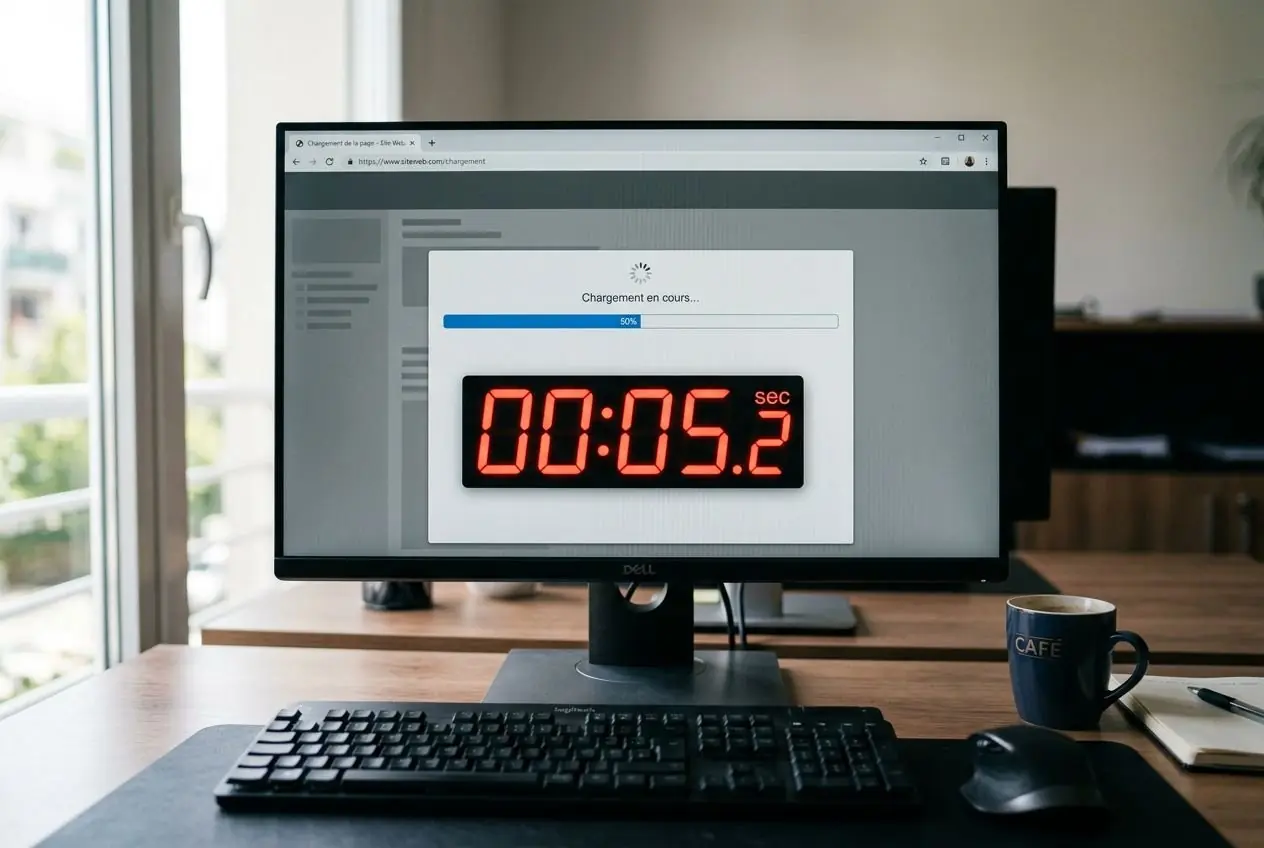 Vitrine d'ordinateur affichant un chargement rapide, montre un délai de 5,2 secondes sur un site, ambiance bureau. vitesse boutique prestashop lente intégré naturellement.